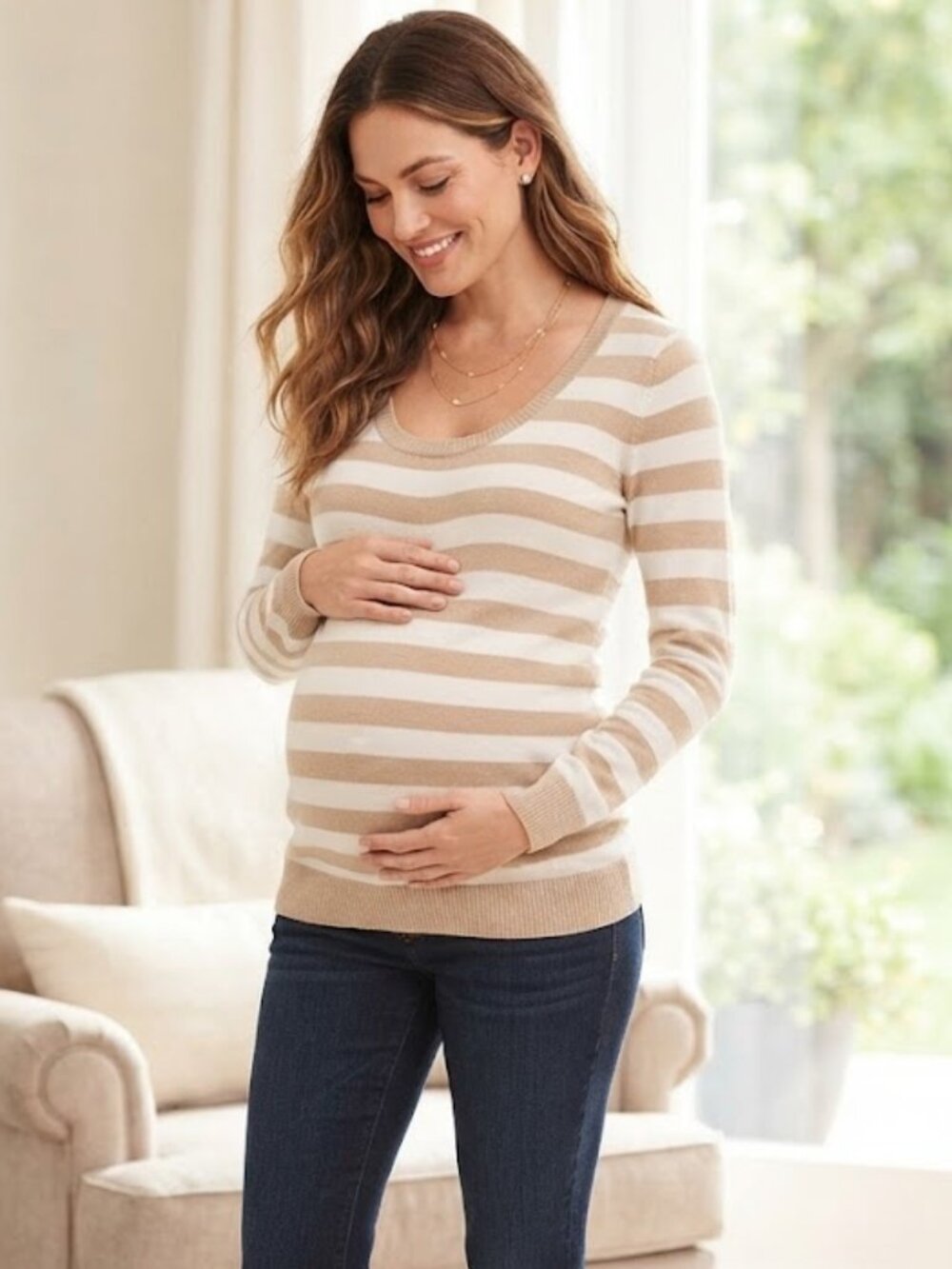 Old Navy Maternity Striped Sweater Tan White Scoop Neck Long Sleeve Women's Med